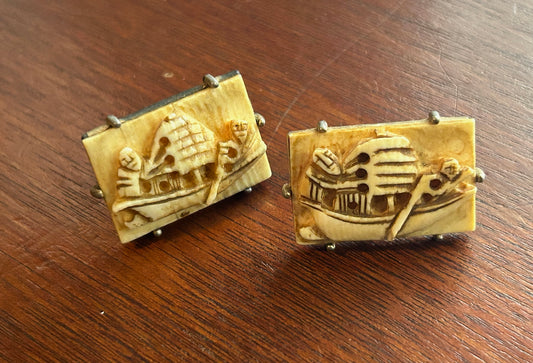 Vintage Midcentury Swank Carved Boat Cuff Links Gold Tone MCM