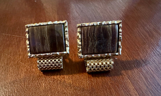 Vintage 70s Gold Tone Mesh Brown Agate Large Face Cuff Links