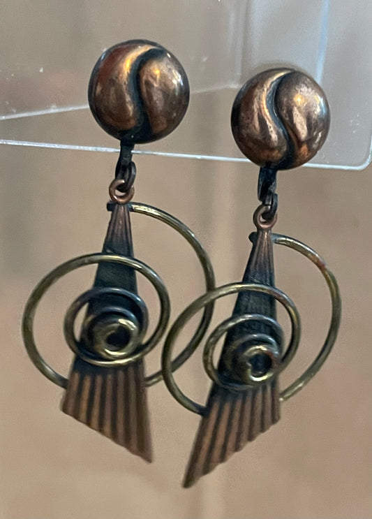 Vintage Copper Modern Circle Drop Dangly Screwback Earrings