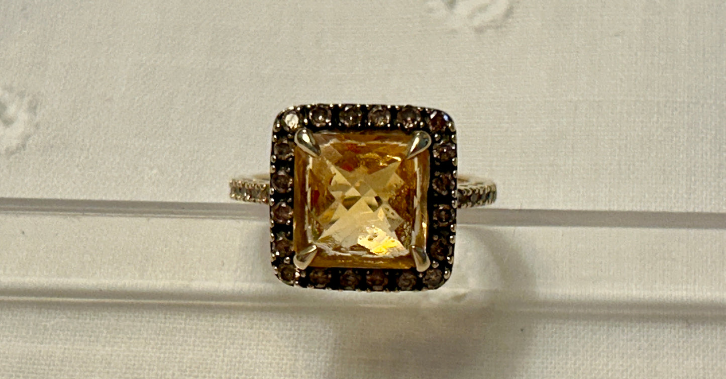 14K Yellow Ring Gold Square Cut Citrine With Chocolate Diamond Halo Signed