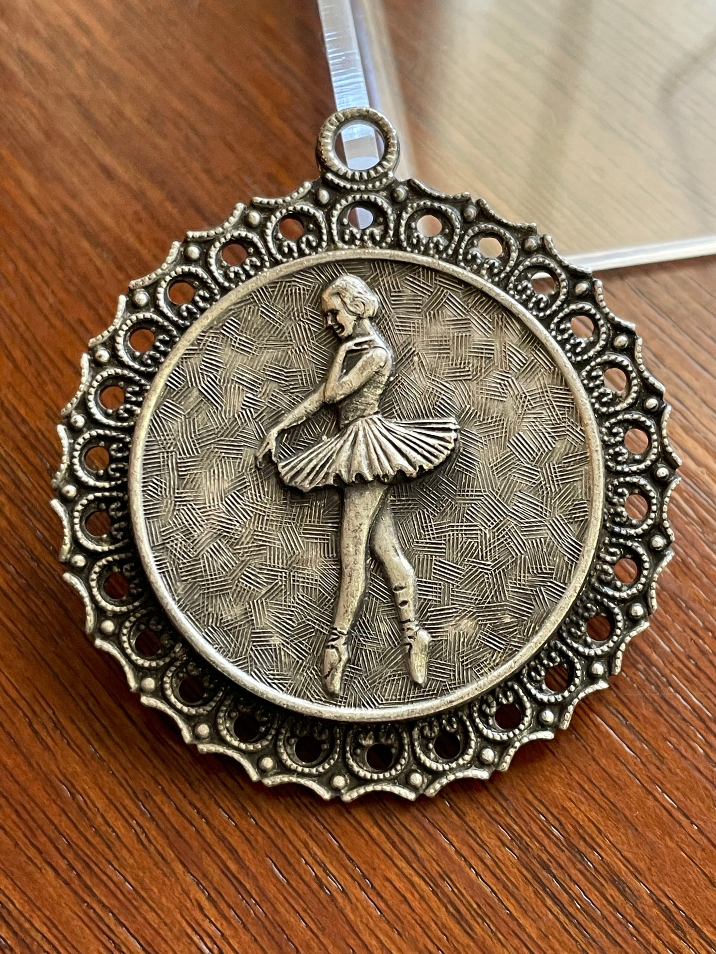 Vintage Silver Tone Round Pendant Ballerina