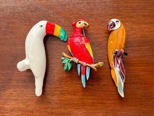 Lot Set of 3 Vintage Tropical Bird Brooches Enamel Plastic Brightly Colored