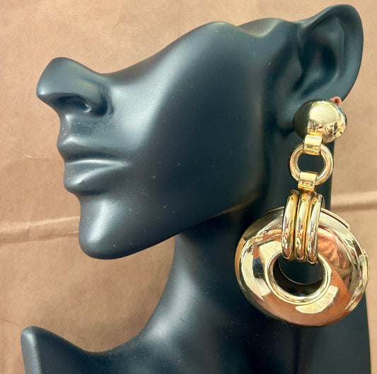 Vintage MASSIVE Gold Tone Runway Statement Mogul Clip On Doorknocker Earrings