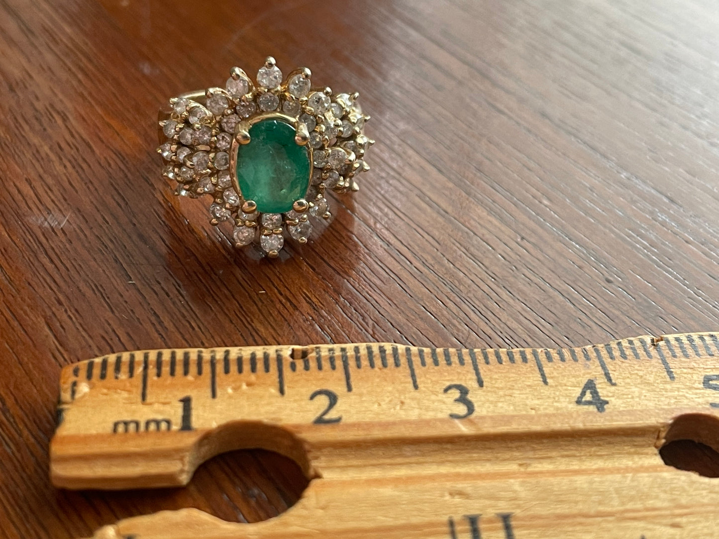 14K Yellow Gold Effy "BH" Emerald & Diamond Halo Cluster Ring Sz 4.75