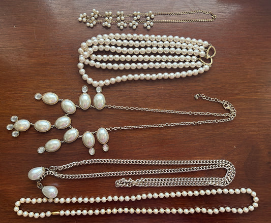 Vintage to Now Faux Pearl Necklace Lot Multistrand Opera Length Gold Silver Tone