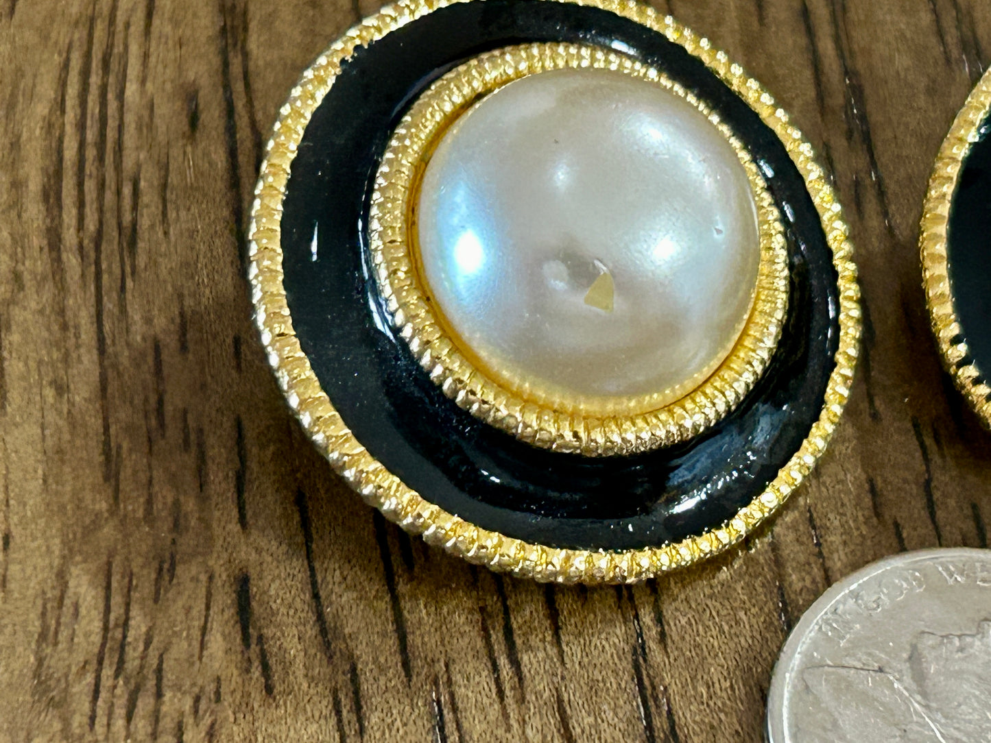 Vintage 80s Large Round Gold Black Enamel Faux Pearl Cabochon Pierced Earrings