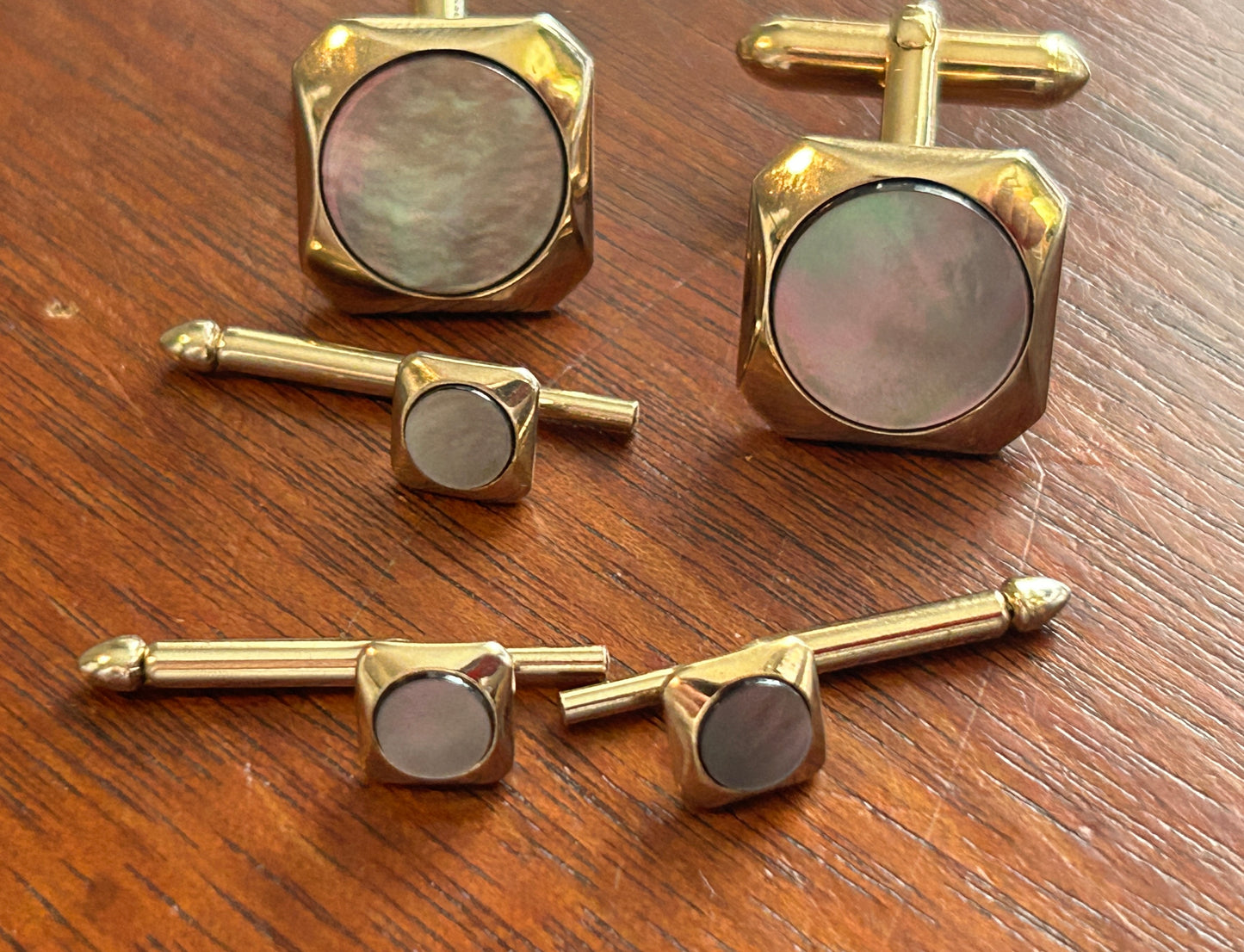 Vintage MCM Swank Gold Tone Abalone Cuff Link Shirt Stud Set