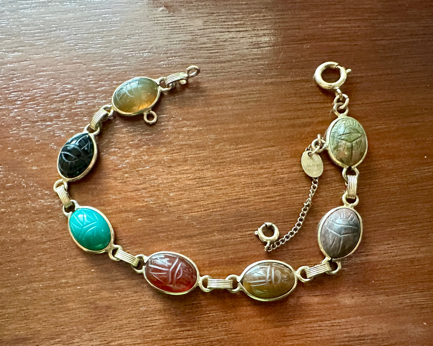 Vintage Signed Burt Cassell 12k Gold Filled Scarab Gemstone Bracelet
