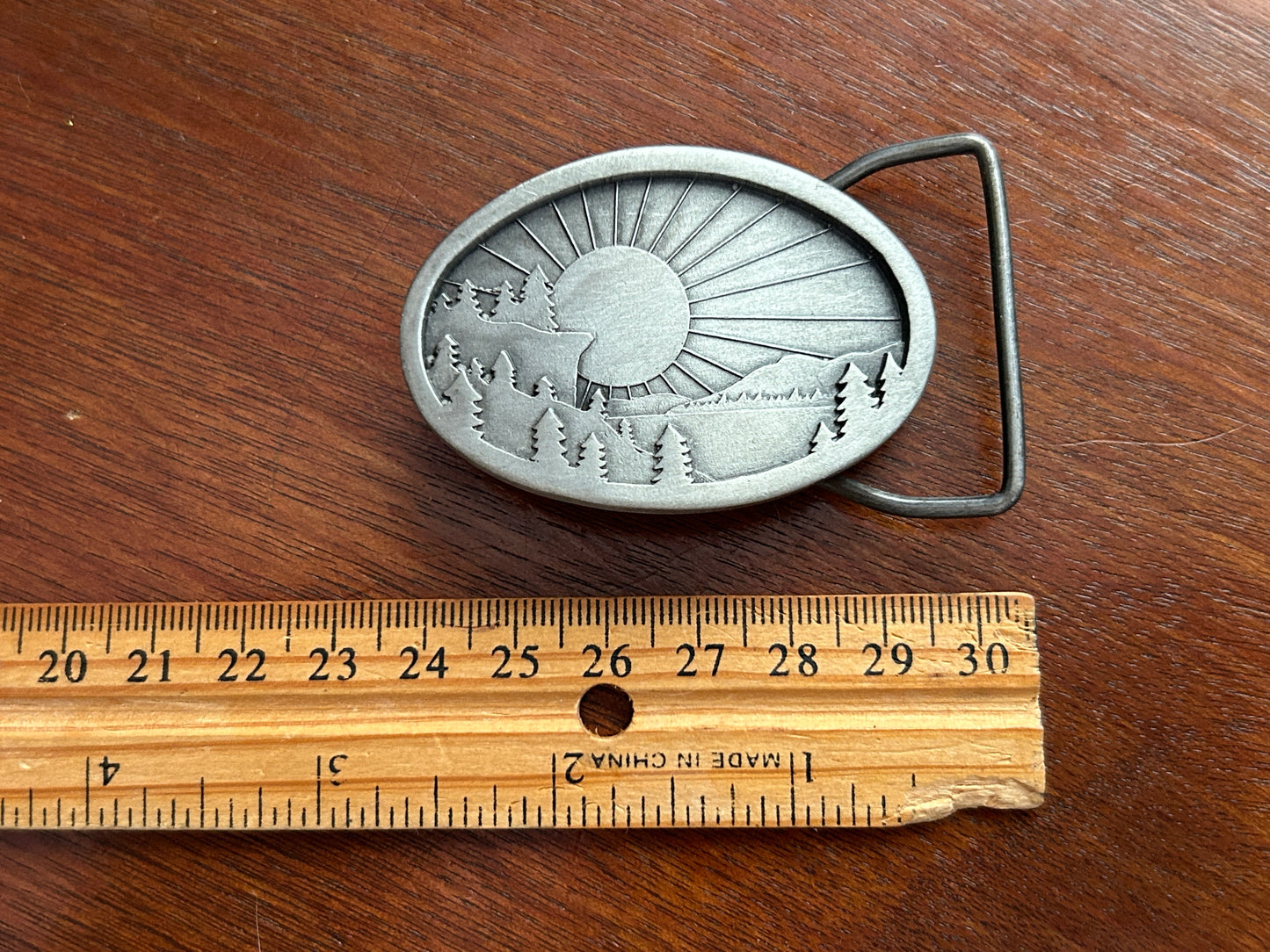 Vintage 1977 Indiana Metal Craft Pewter Oval Sun Mountains Forest Belt Buckle