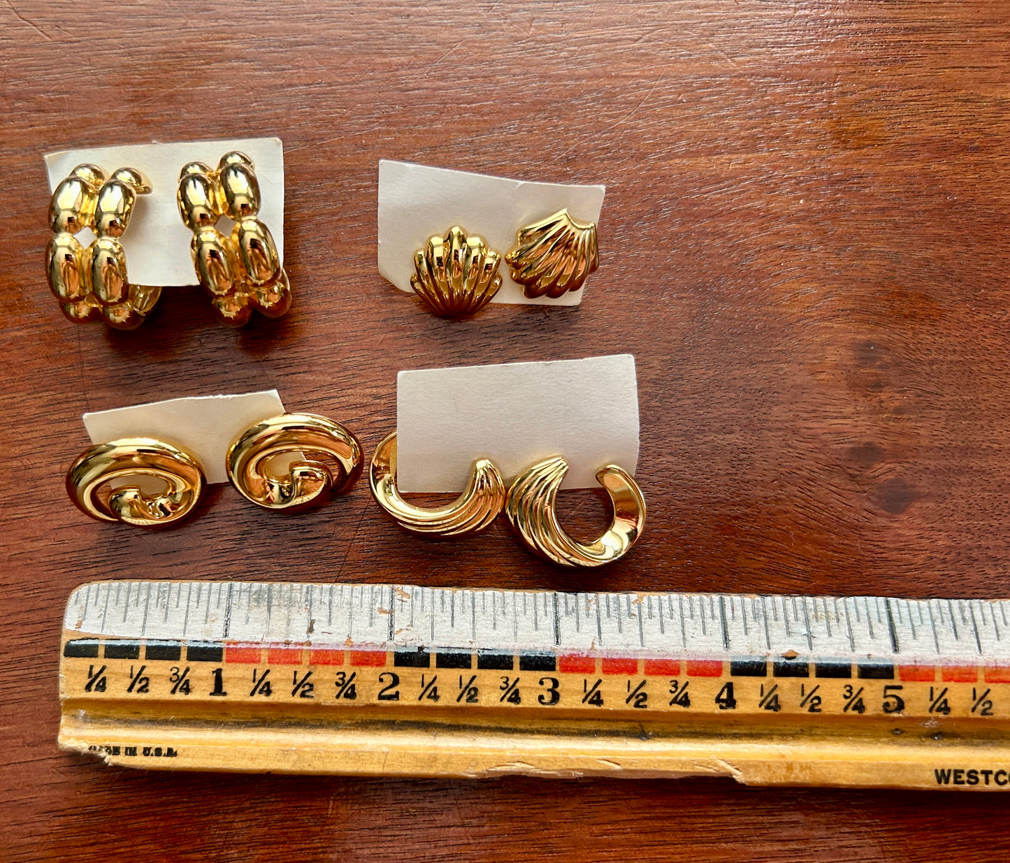 Lot of 4 Vintage Signed Monet Gold Tone Pierced Earrings Hoops Swirl Shell Clam