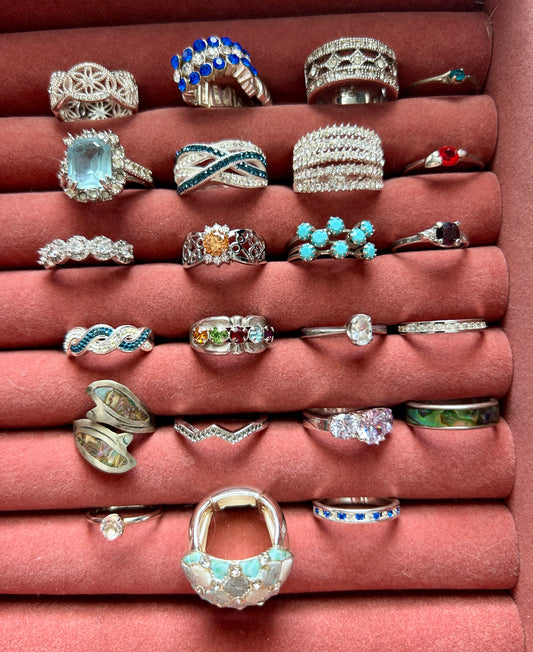 Lot of 23 Costume Rings Vintage to Now Gold Plate Rhinestones Bands Faux Stones