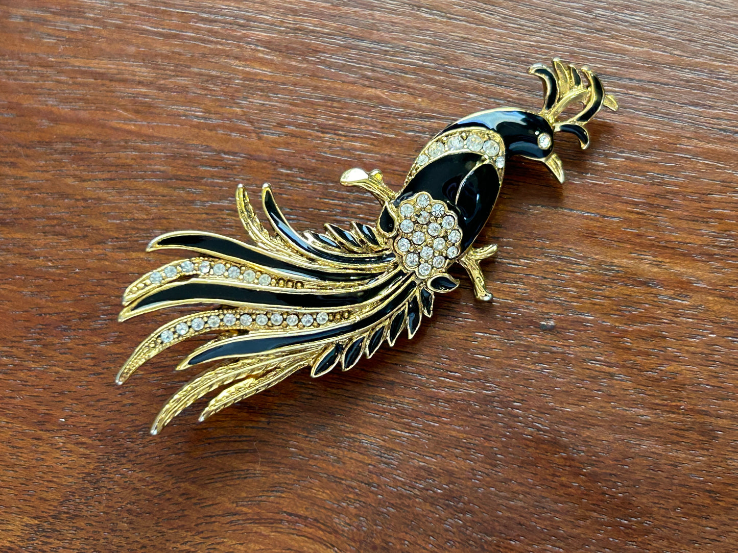 Gold Tone Black Enamel Rhinestone Bird of Paradis Large Brooch Pin