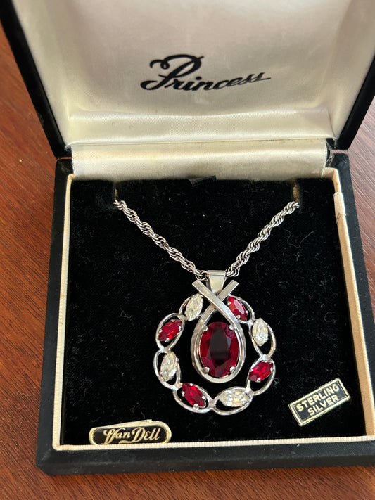 Vintage Van Dell Sterling Silver 925 Pear Marquise Red Rhinestone Pendant Necklace