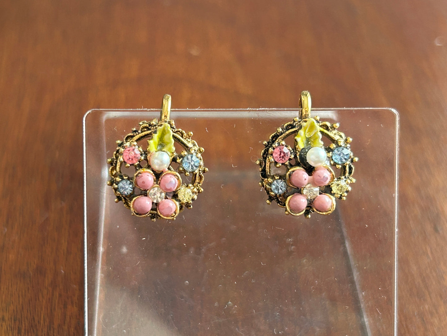 Vintage Multicolor Blue Pink Rhinestone Flower Clip On Earrings