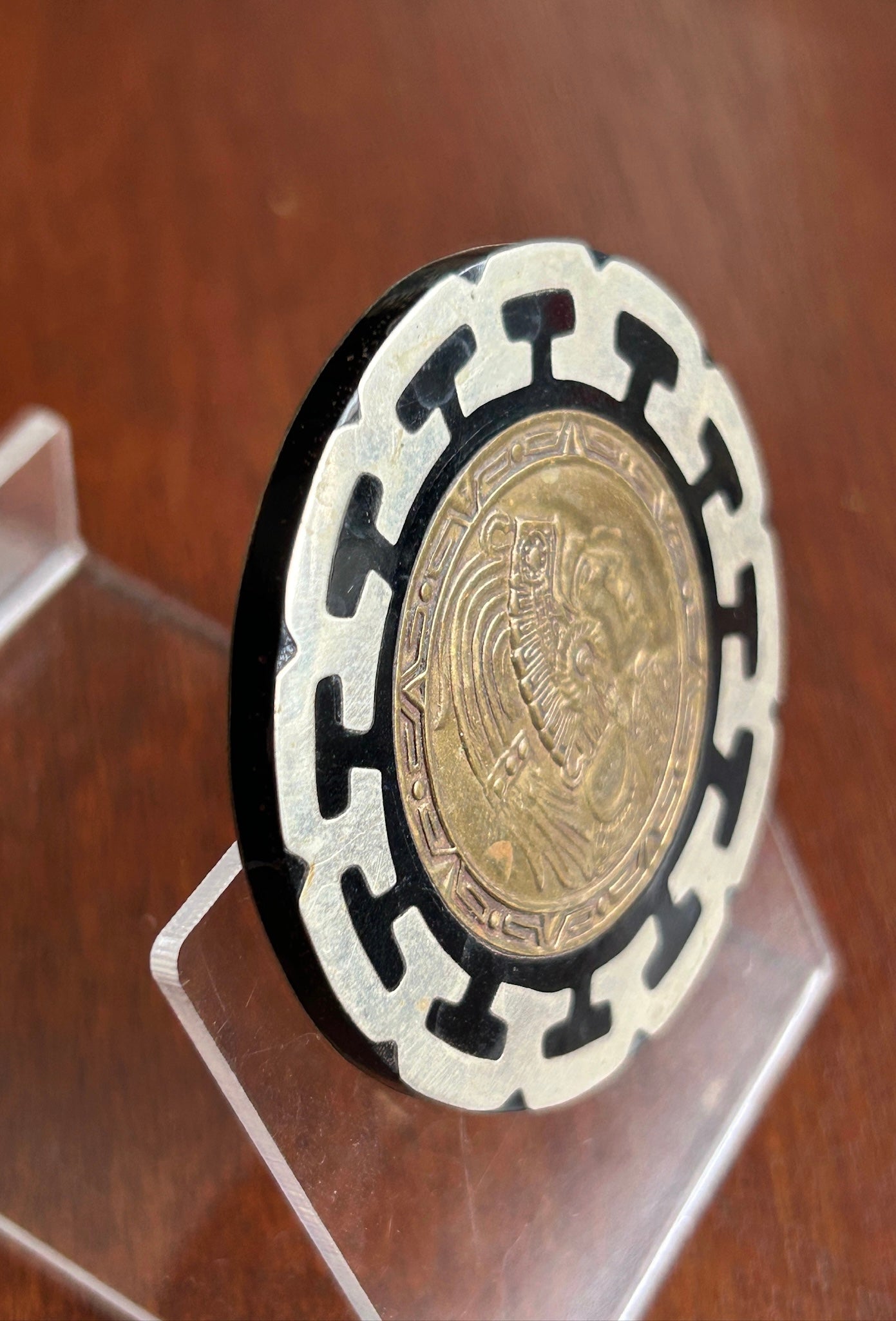 Vintage Silver Tone Mayan Coin Onyx Inlay Large Brooch Pin