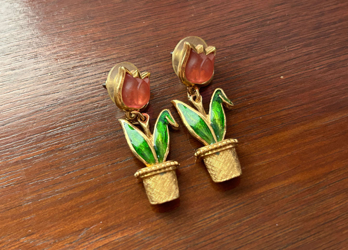 Vintage Avon Dangly Drop Gold Tone Green Pink Lucite Flower Pot Pierced Earrings