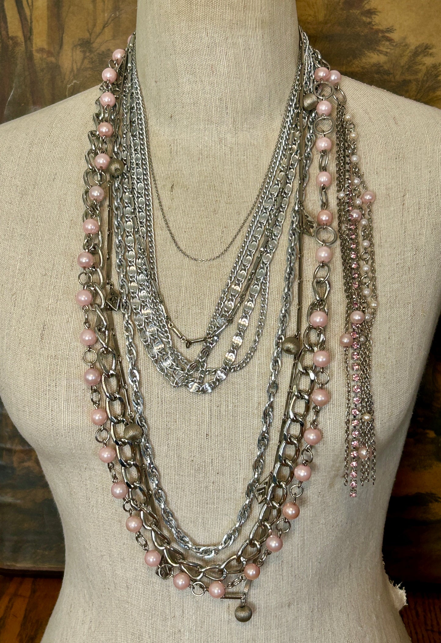 Vintage to Now Silver Tone Chain Link Necklace Lot Pink Sarah Coventry