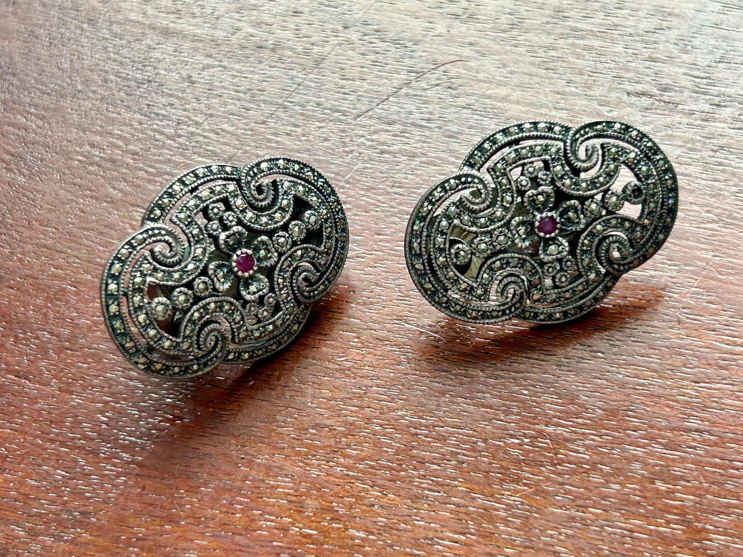 Vintage Sterling Silver 925 Marcasite Red Stone Large Open Work Clip On Earrings