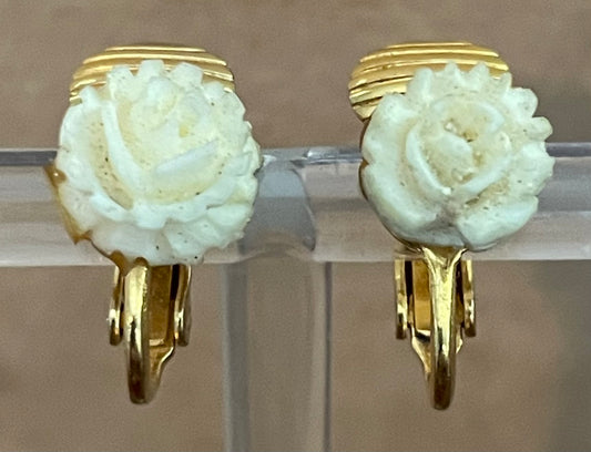 Vintage Gold Tone Carved Rose Flower Clip on Earrings