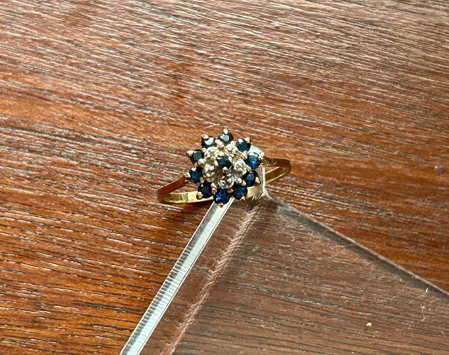 10k Yellow Gold Sapphire Diamond Cluster Cocktail Ring Sz 6.5