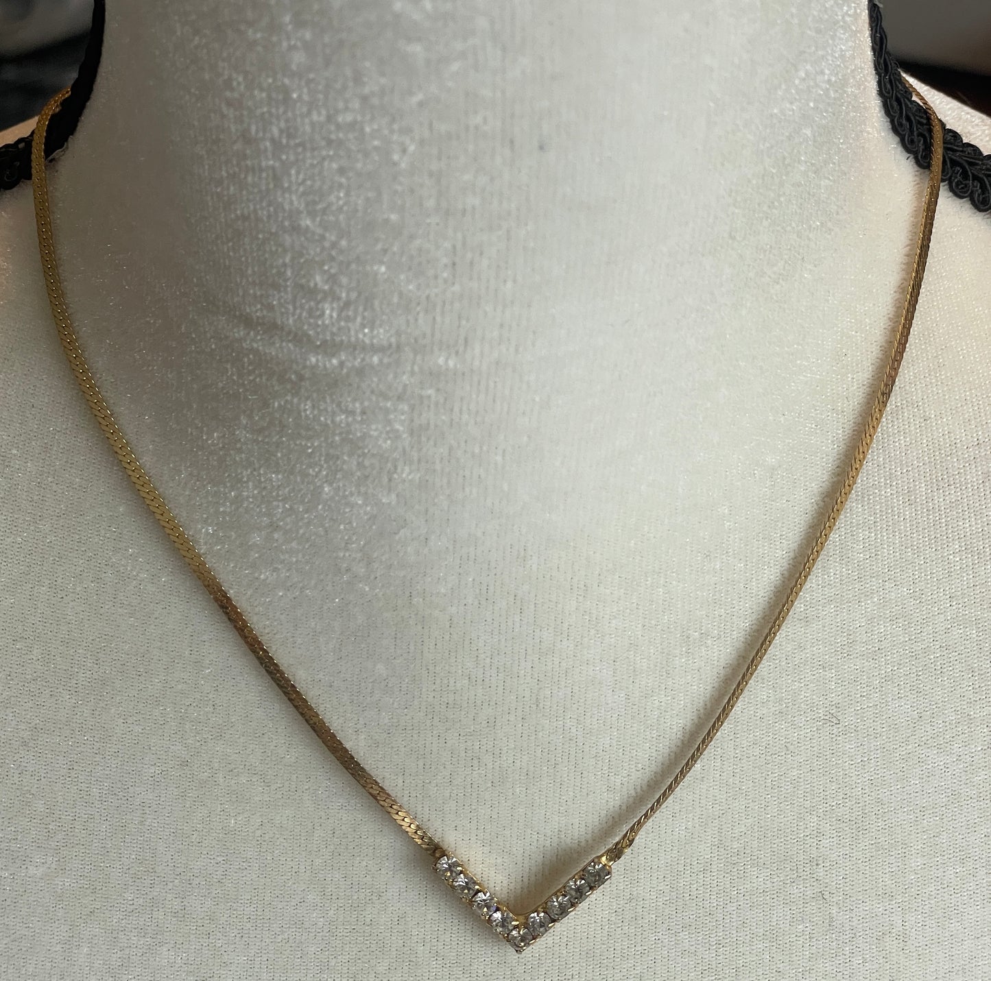 Vintage Gold Tone Chain Necklace V Rhinestone Detail