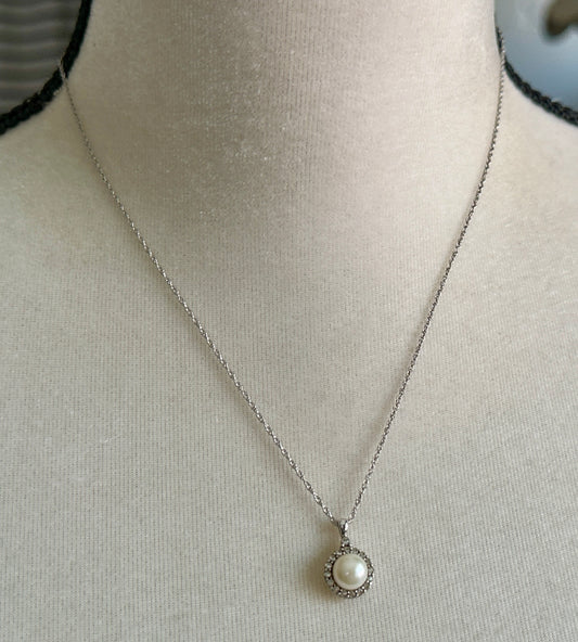 Signed Designer Sterling Silver 925 Pearl CZ Halo Pendant Necklace Chain