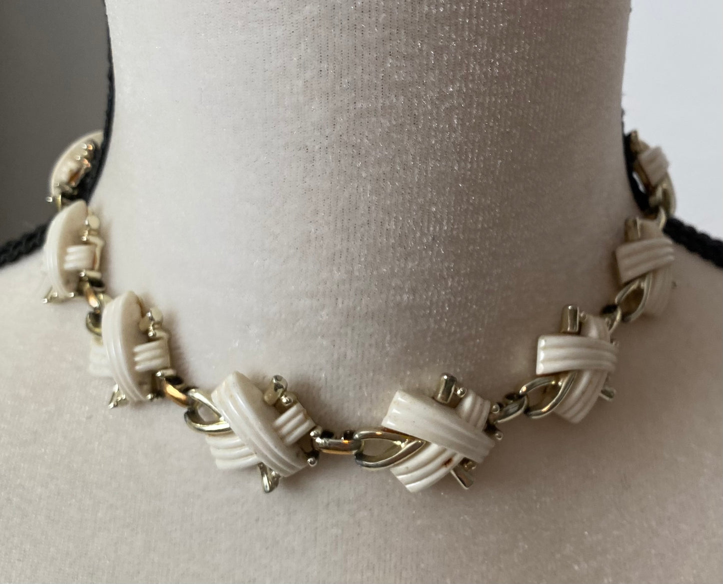 Vintage Marboux Jewelry Set Gold White X Patten Necklace Bracelet Clip on Earrings