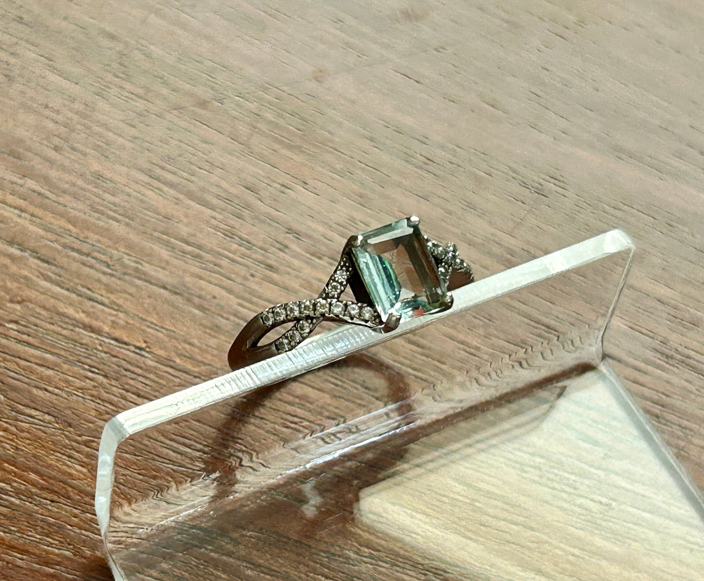 Sterling Silver 925 Emerald Cut Blue Glass Ring Sz 7.75