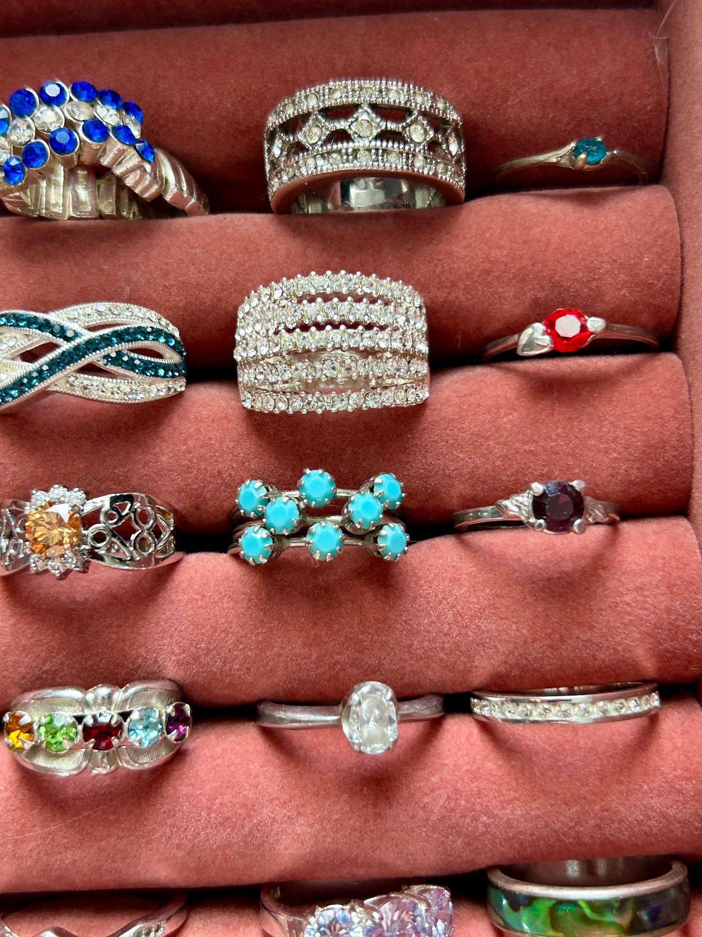 Lot of 23 Costume Rings Vintage to Now Gold Plate Rhinestones Bands Faux Stones