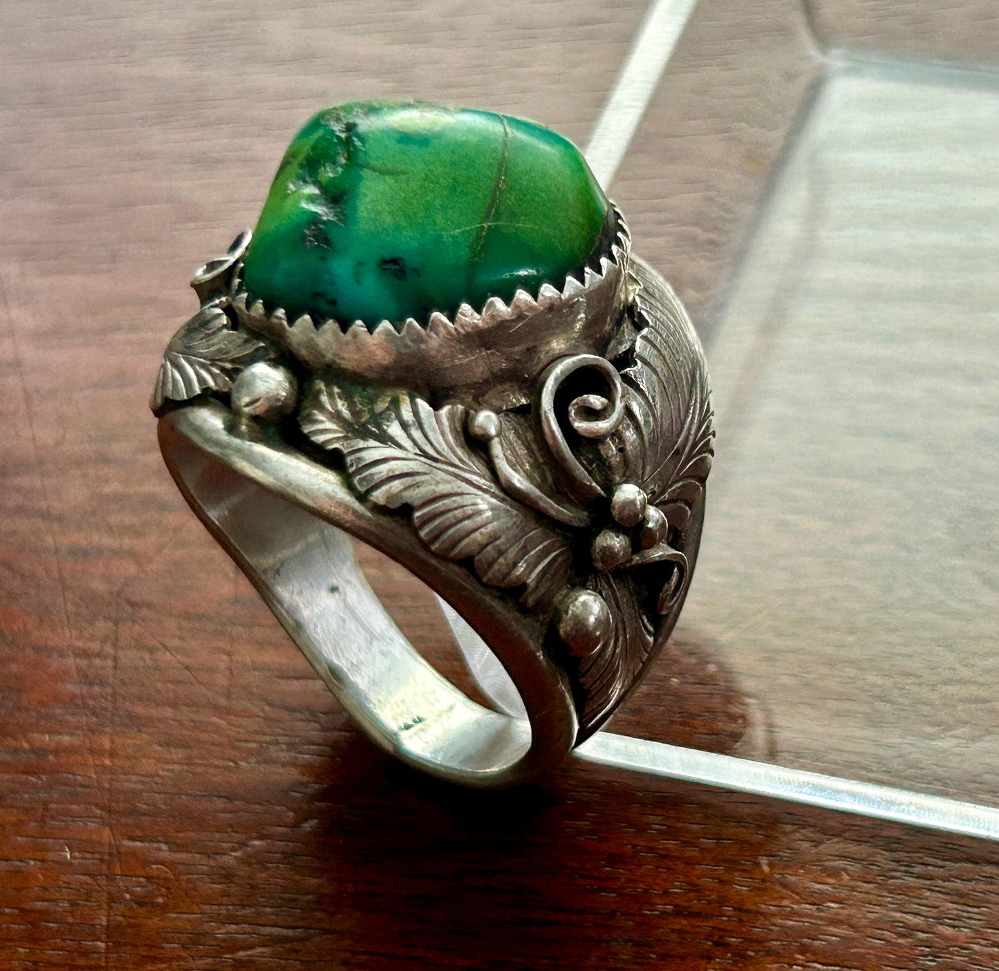 Vintage Sterling Silver 925 Large Green Blue Turquoise Cabochon Ring Sz 9.25