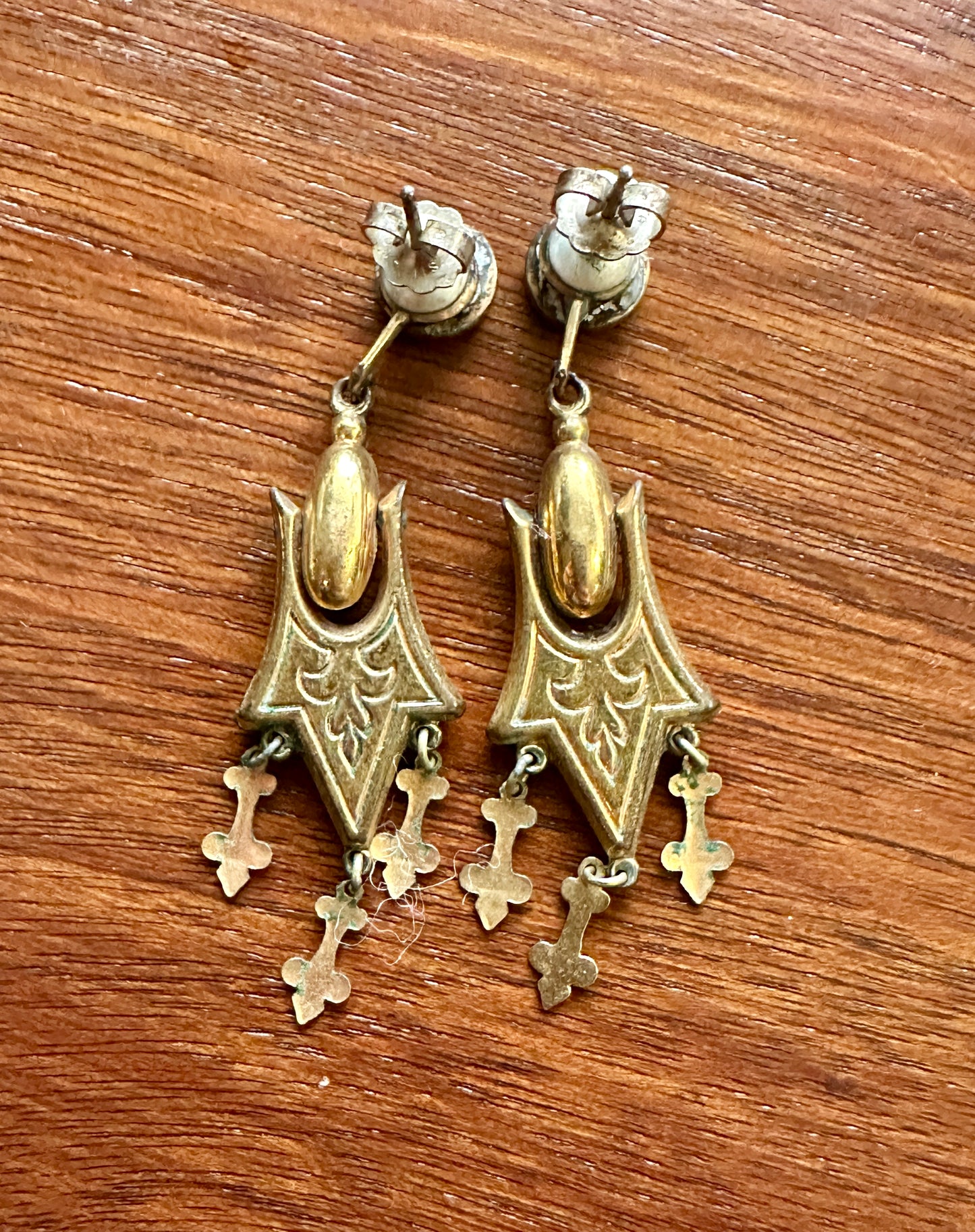 Antique Victorian Gold Filled Taille D'Epargne Black Relief Dangly Drop Earrings