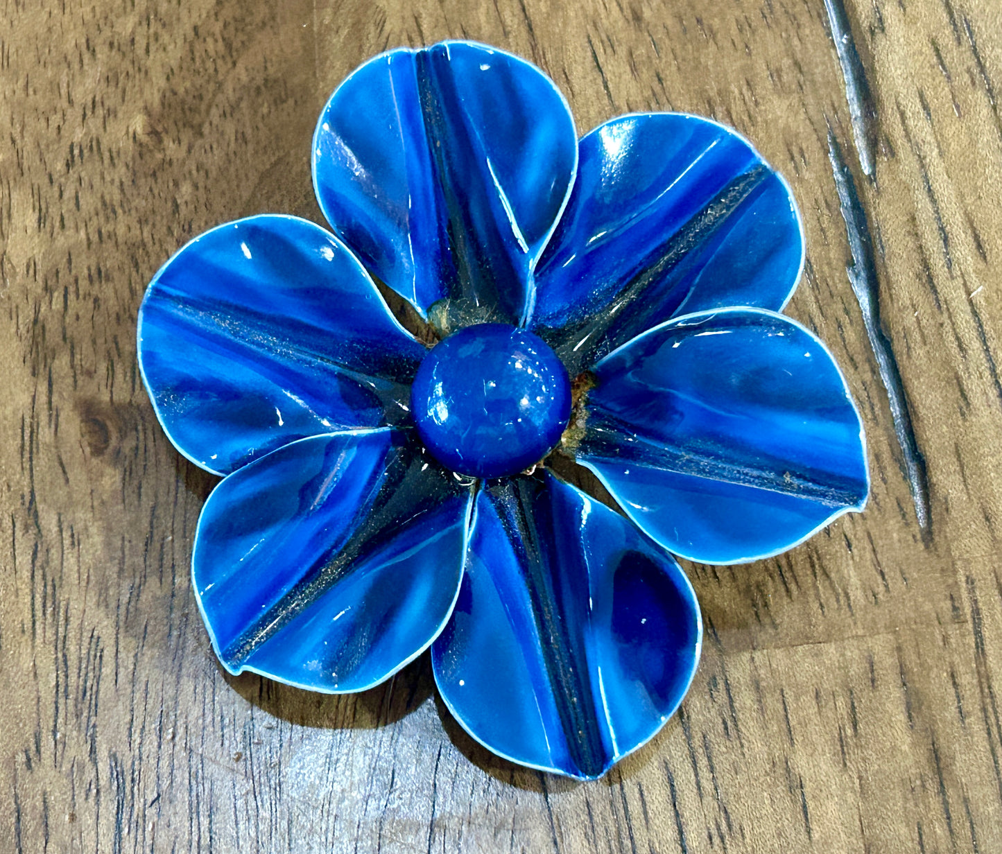 Vintage Large Blue Enamel Flower Brooch Pin