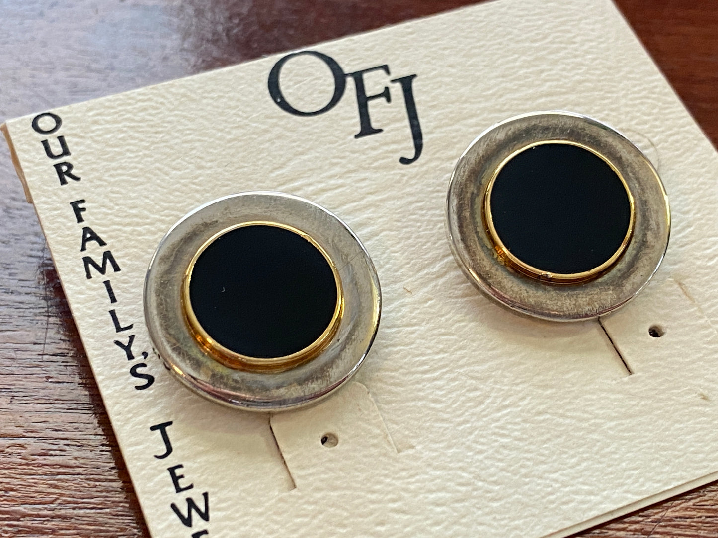 Vintage OFG Silver Gold Tone Black Stud Pierced Earrings