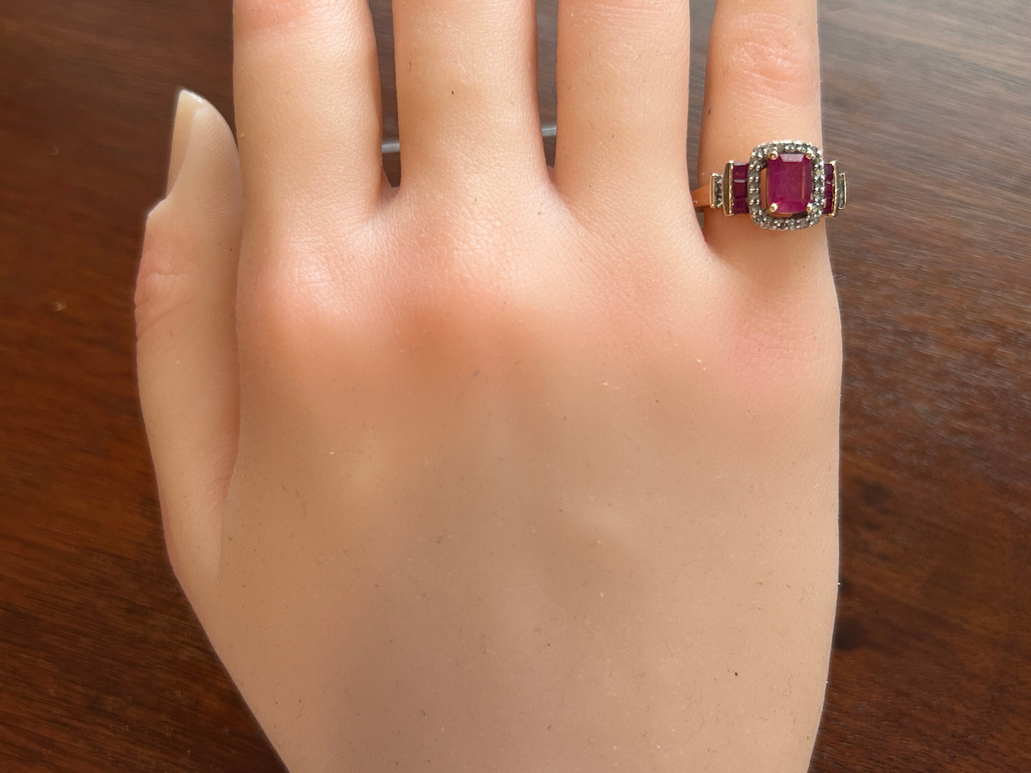 14k Rose Gold Emerald Cut Red Ruby Diamond Halo Ring Sz 4.5