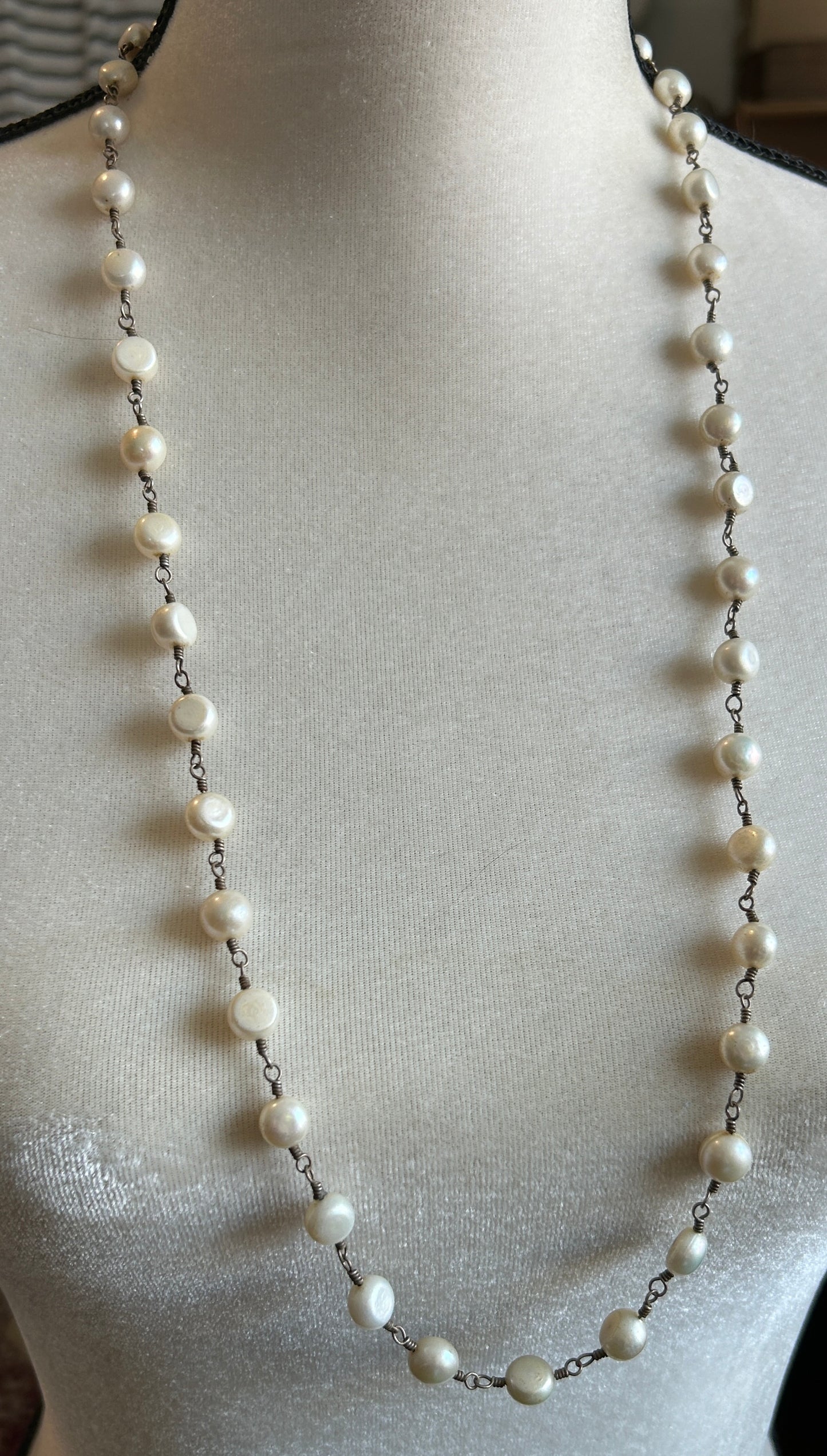 Sterling Silver 925 Real Pearl Chain Link Long Necklace