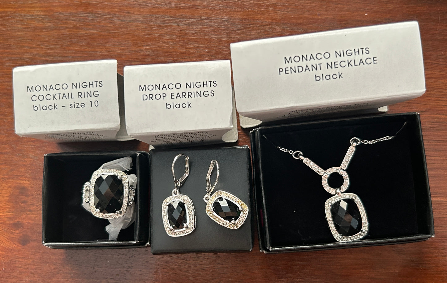 Contemporary Avon Jewelry Set Monaco Nights Silver Tone Black Necklace Earrings