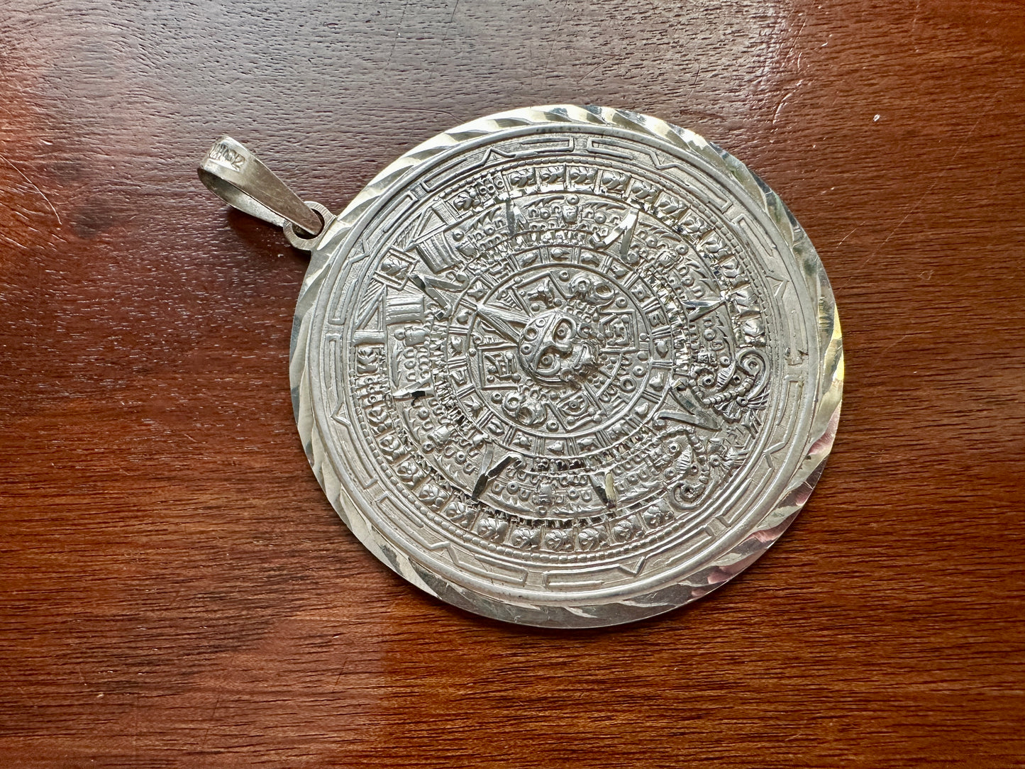 Large Reversible Vintage Sterling Silver 925 Mayan Calendar Pendant Necklace