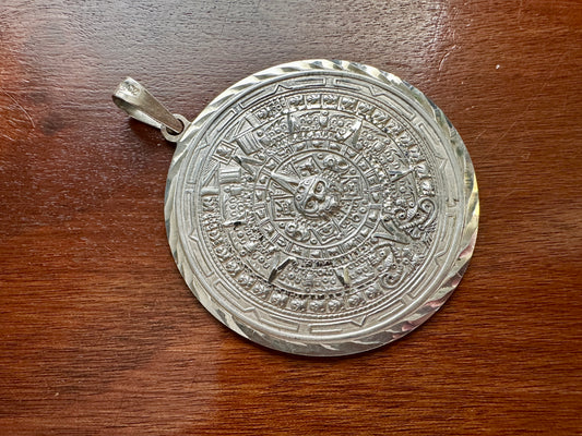 Large Reversible Vintage Sterling Silver 925 Mayan Calendar Pendant Necklace