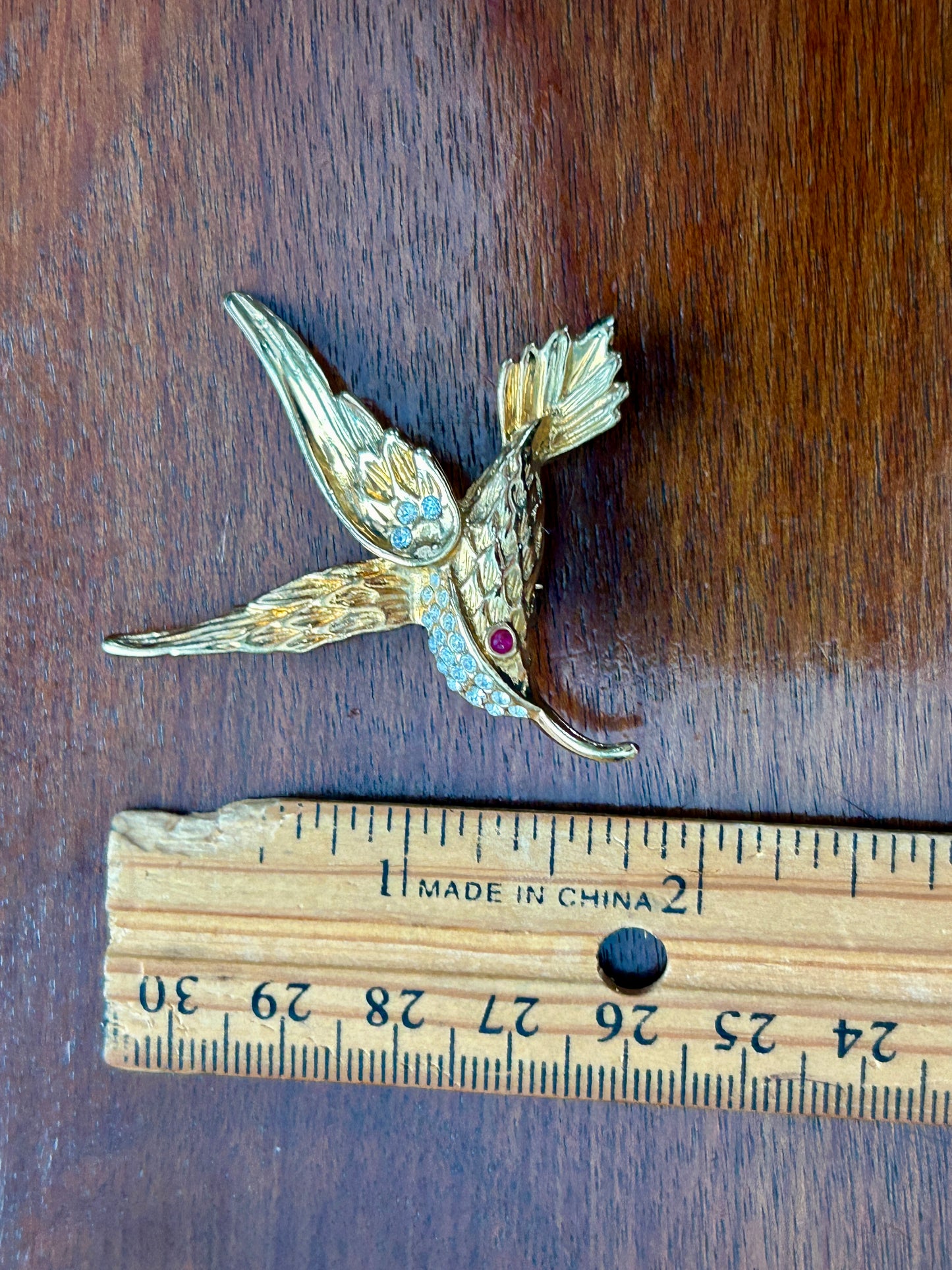 Vintage Gold Tone Rhinestone Red Eye Hummingbird Brooch Pin