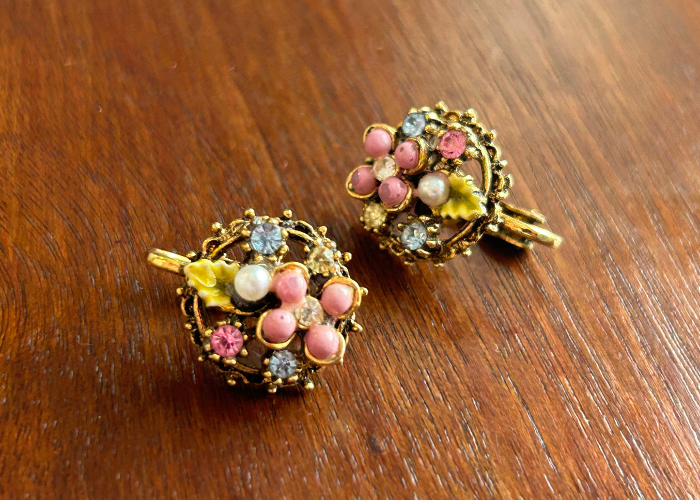 Vintage Multicolor Blue Pink Rhinestone Flower Clip On Earrings