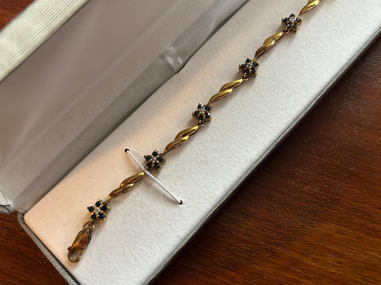 18k Yellow Gold over Sterling Silver 925 Sapphire Diamond Flower Tennis Bracelet