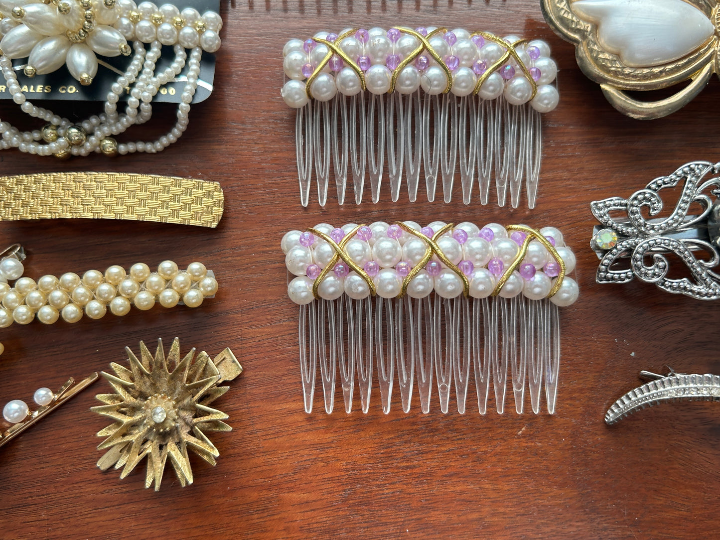 Vintage to Now Hair Accessories Lot Clips Combs Barrettes Faux Pearls Rhinestone