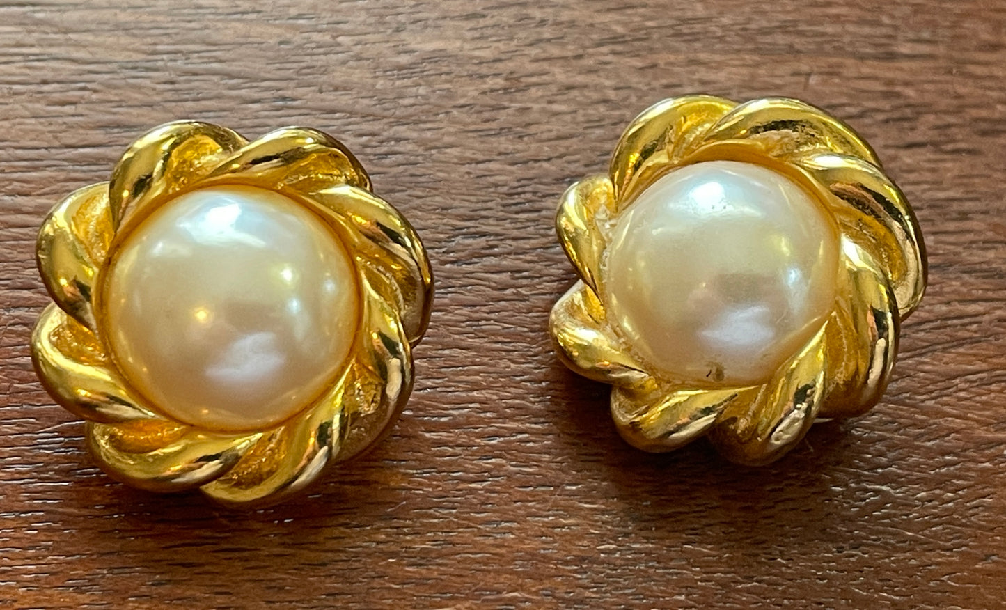 Vintage Gold Tone Richelieu Faux Pearl & Rope Braid Clip On Earrings