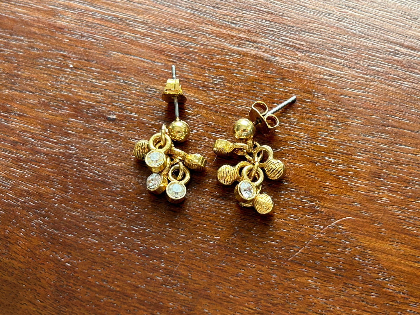 Vintage Gold Tone Rhinestone Dangle Pierced Earrings