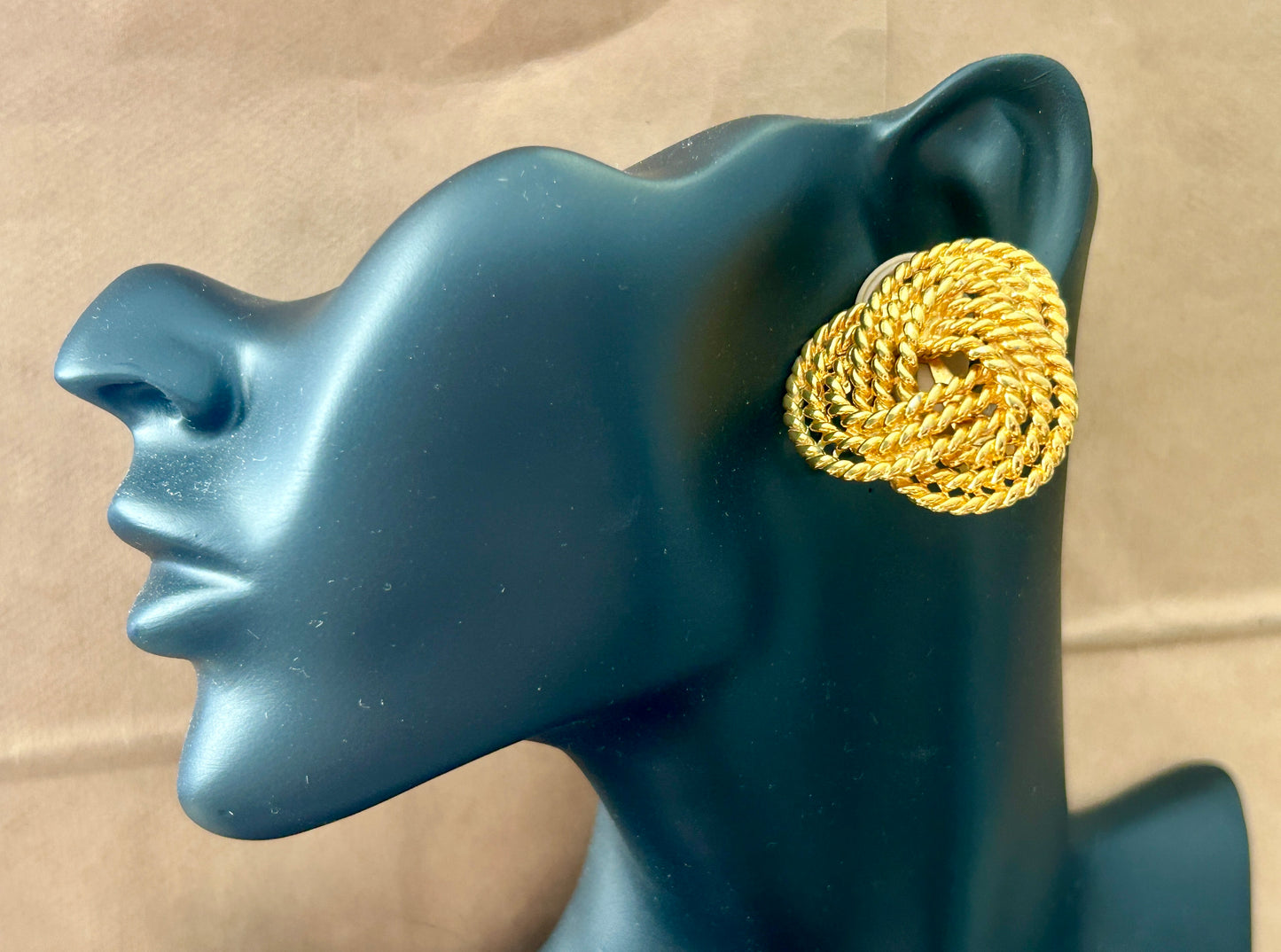 Vintage 80s Gold Tone Large Rope Knot Statement Mogul Pierced Earrings