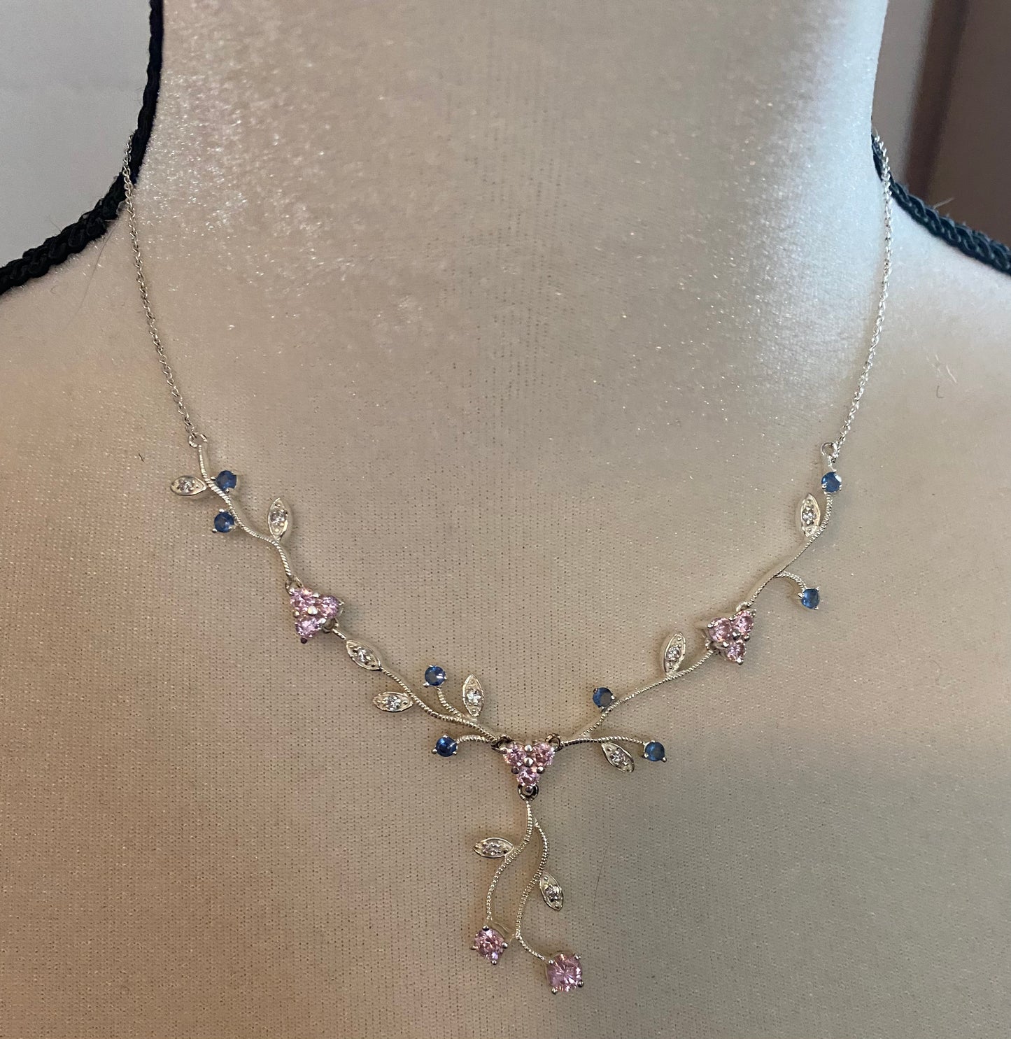 Sterling Silver 925 Cubic Zirconia Blue Pink Flower Y Drop Necklace