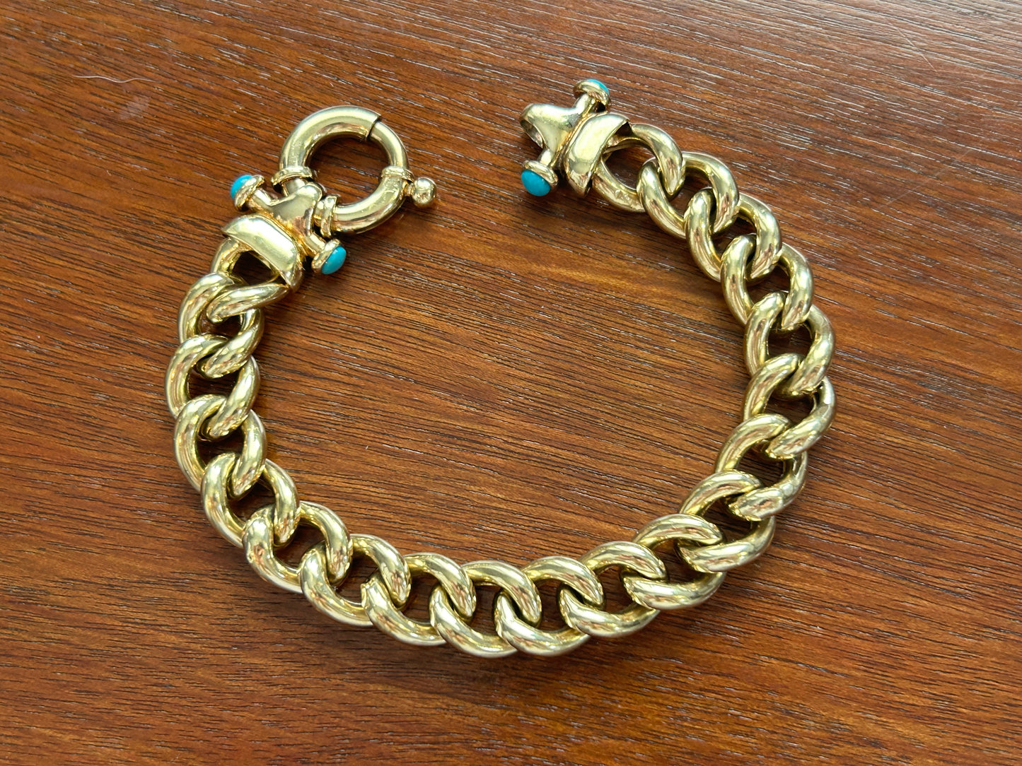 Veronese 18k Yellow Gold over Sterling Curb Chain Turquoise Cabochon Bracelet