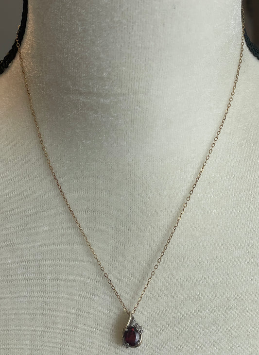 Vintage 10k Sterling Silver 925 Red Stone Diamond Accent Pendant Chain Necklace
