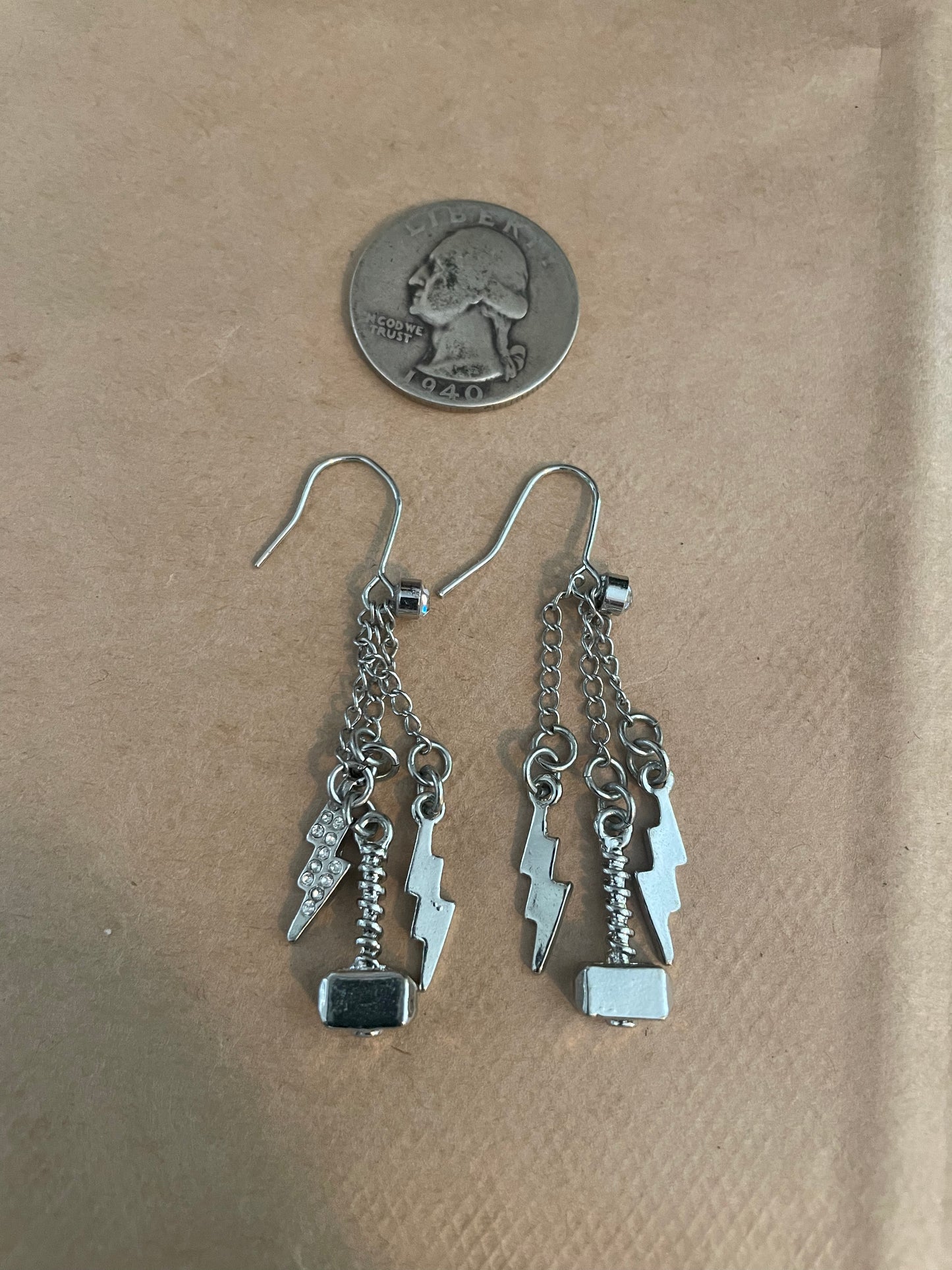 Silver Tone Drop Dangly Lightning Bolt Thor Hammer Pierced Earrings