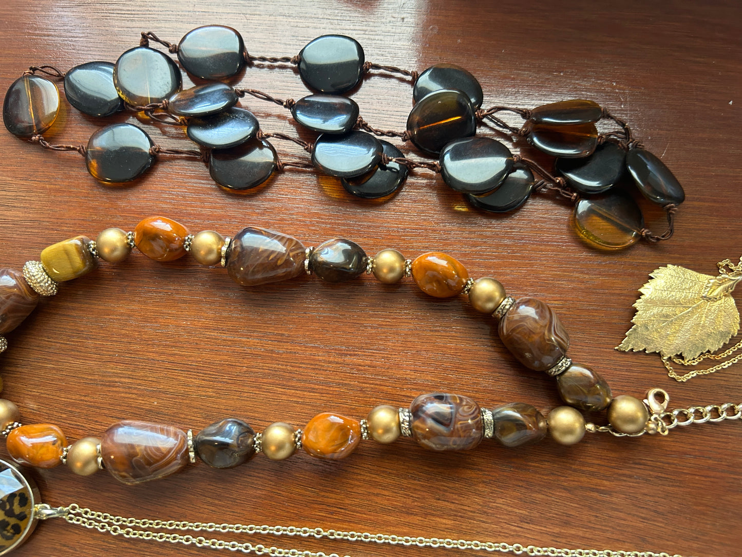 Vintage to Now Earth Tone Jewelry Lot Beads Pendants Leaf Gold Leaf Heart & More